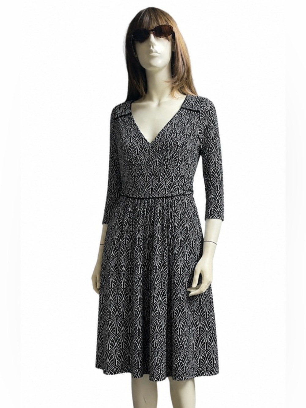Maeve by Anthropologie Galena Midi Dress – Black & White Art Deco Print – Size M